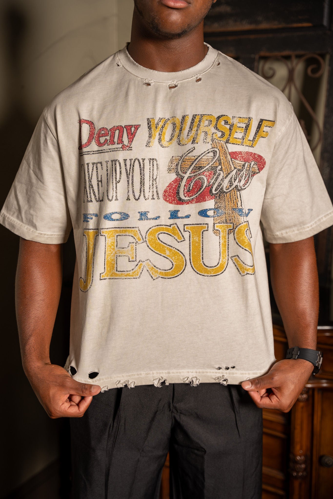 “DENY YOURSELF” Distressed Tee
